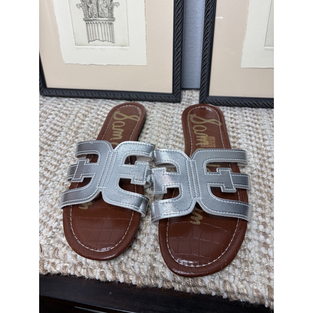 Sam Edelman Bay Slide Sandals Metallic Silver Leaf Leather Shiny EU43